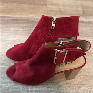 Van Eli Red Heeled Boots with Ankle Strap and Zipper